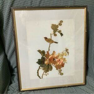 Straw Patchwork Art Bird on Branch  Michel Rosso Cadres d’Art Vintage